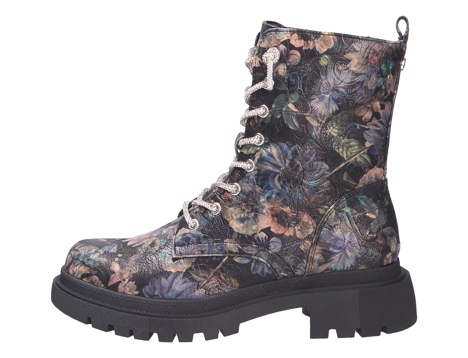 La Strada Damen Stiefel mit floralem Muster, Schnürung und markanter schwarzer Profilsohle in seitlicher Ansicht