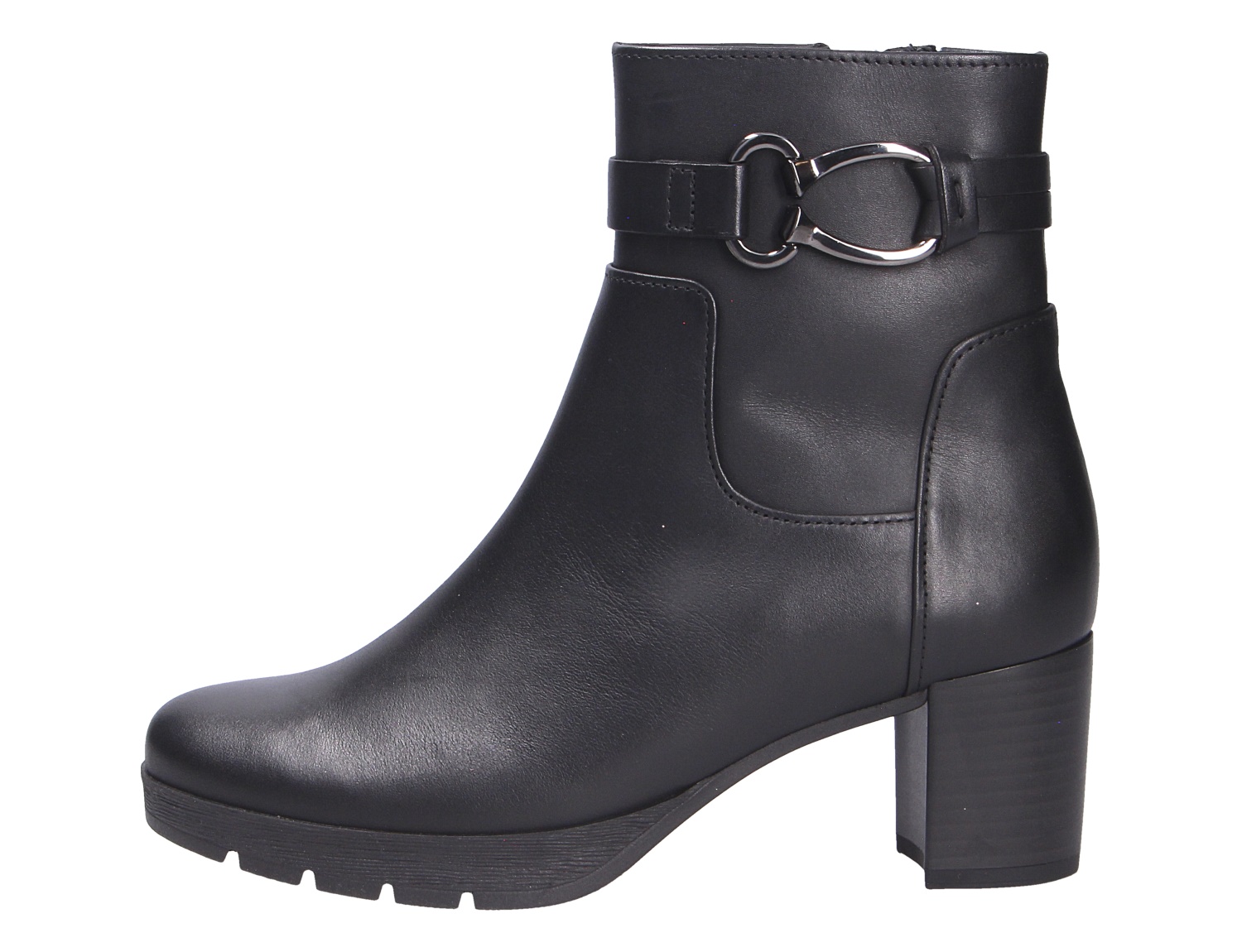 Gabor Damen Stiefel aus schwarzem Leder mit Blockabsatz, Profilsohle und dekorativer Metallschnalle am Schaft