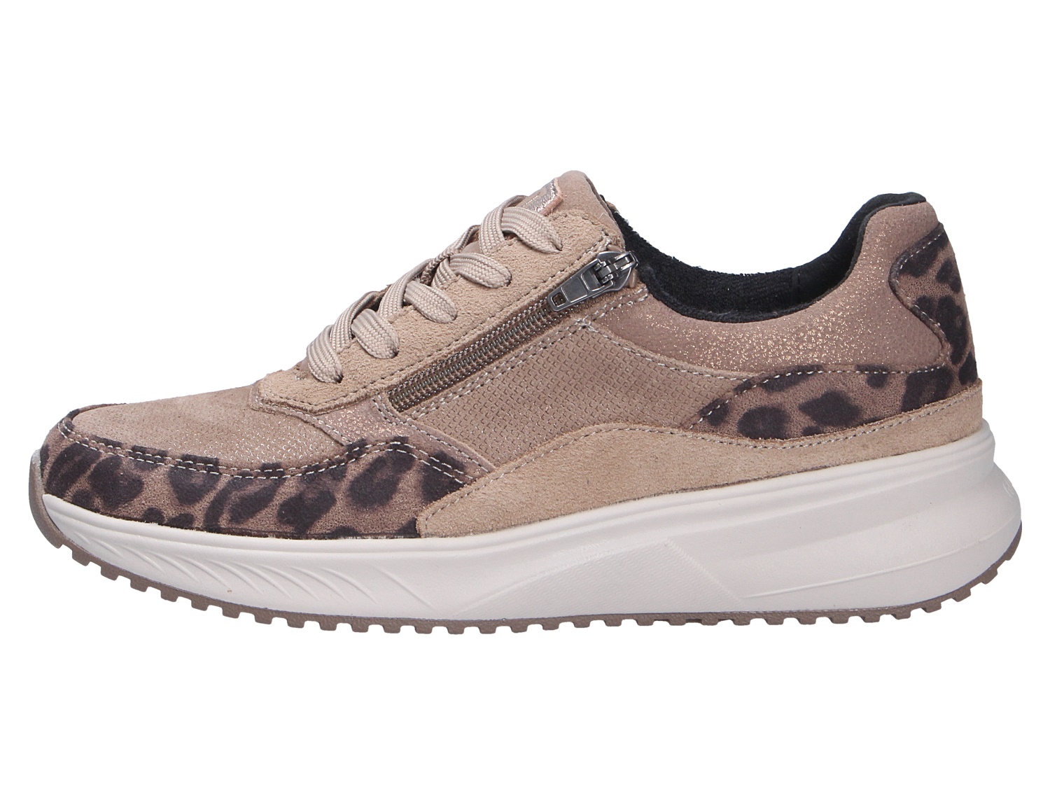Waldläufer H-Macie Damen-Sneaker in Beige aus Veloursleder mit Leo-Details, seitlichem Reißverschluss und weißer Plateausohle