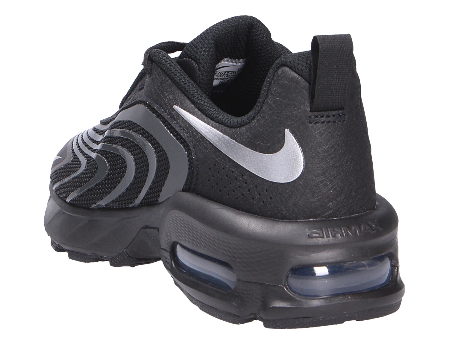 Nike Air Max Fire Sneaker in Schwarz mit silbernem Swoosh, Rück- und Seitenansicht, atmungsaktivem Mesh-Obermaterial und sichtbarer Air-Max-Dämpfung in der Sohle