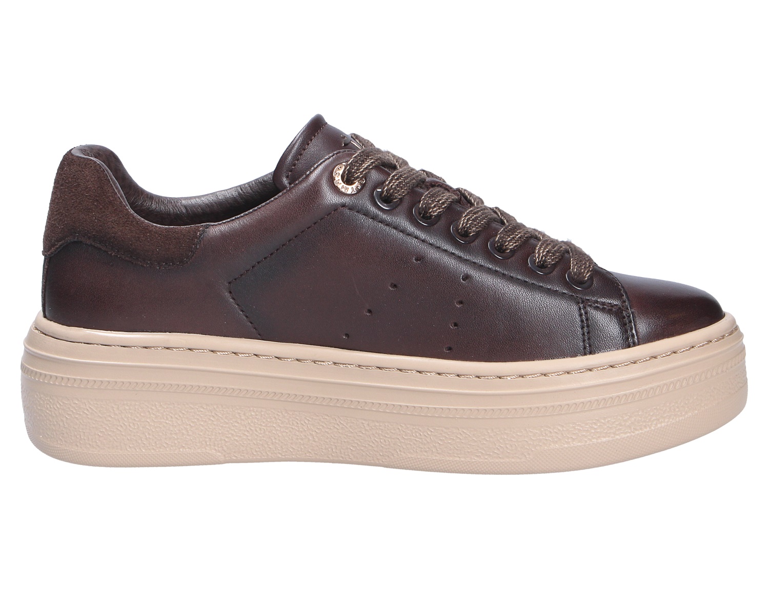 Tamaris Damen Sneaker aus dunkelbraunem Glattleder mit Schnürung, seitlicher Ansicht und heller Plateausohle