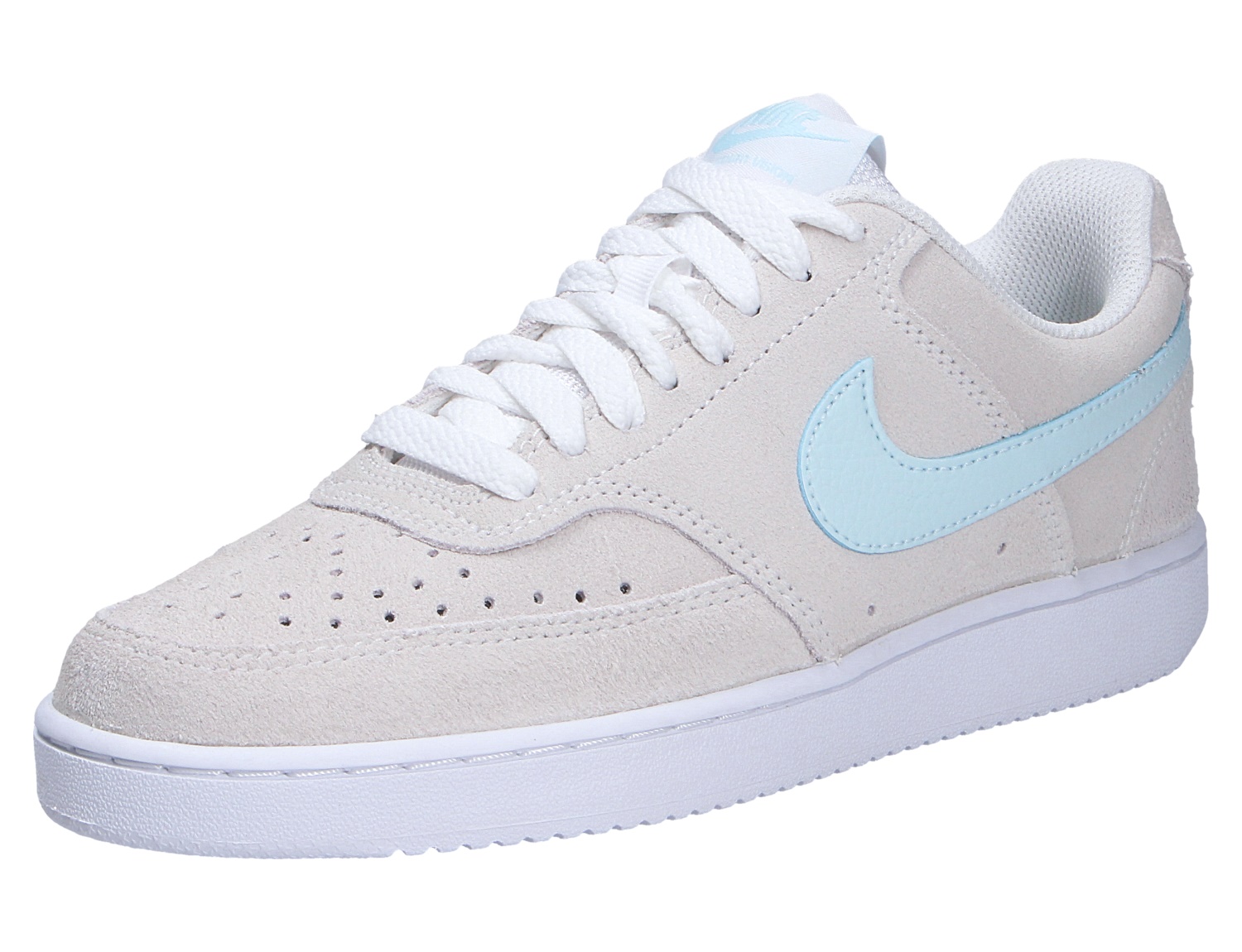 Nike Court Vision Lo Low-Top-Sneaker aus weißem Wildleder mit hellblauem Swoosh und weißer Sohle