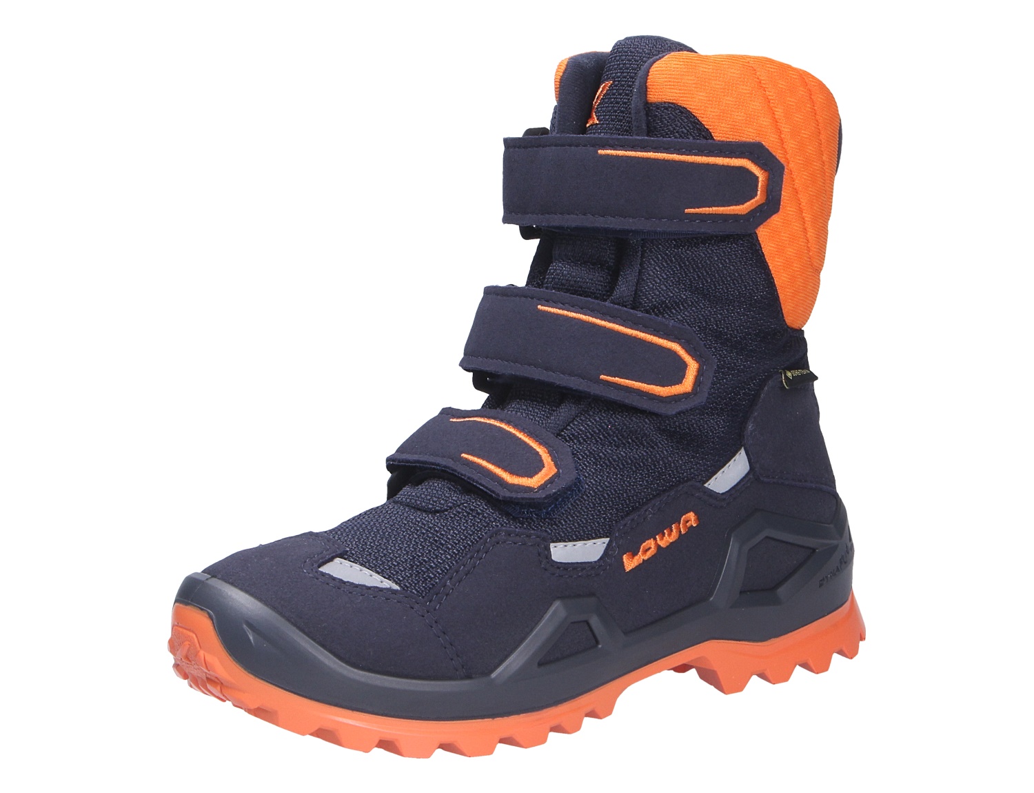Lowa MILO EVO GTX HI JR Kinder-Winterstiefel in Navy-Orange, hoher wasserdichter GTX-Schuh mit drei Klettverschlüssen und griffiger Sohle