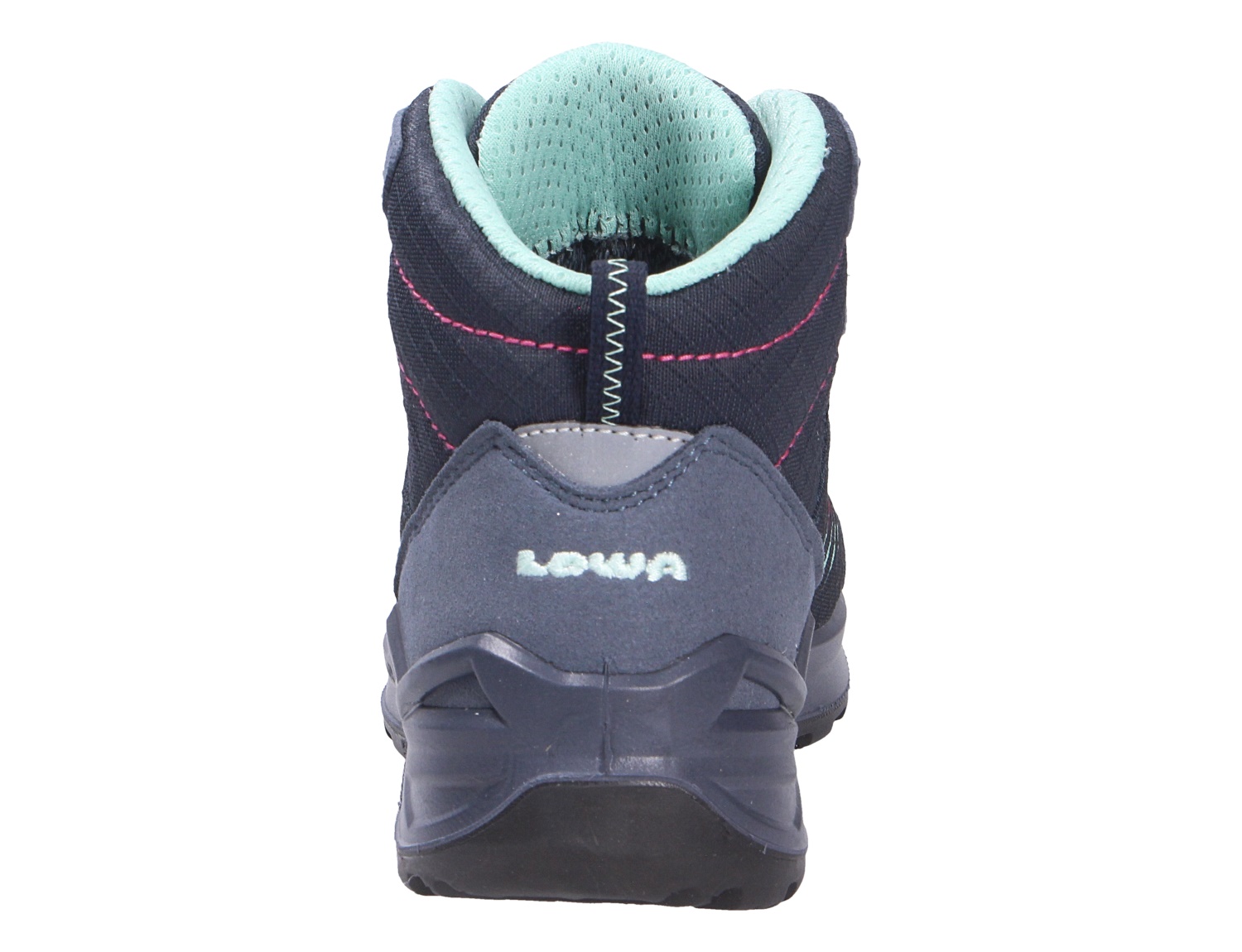 Rückansicht des Lowa ZIRROX II GTX MID JR, wasserdichter Kinder-Wanderschuh mit Mid-Cut-Schaft in Dunkelblau mit mintfarbenem Innenfutter