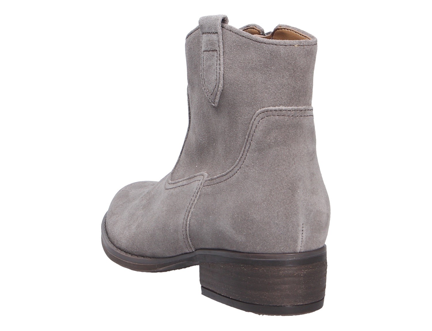 Gabor Damen Stiefel in Grau aus Veloursleder, Rückansicht mit Blockabsatz und Zugschlaufe