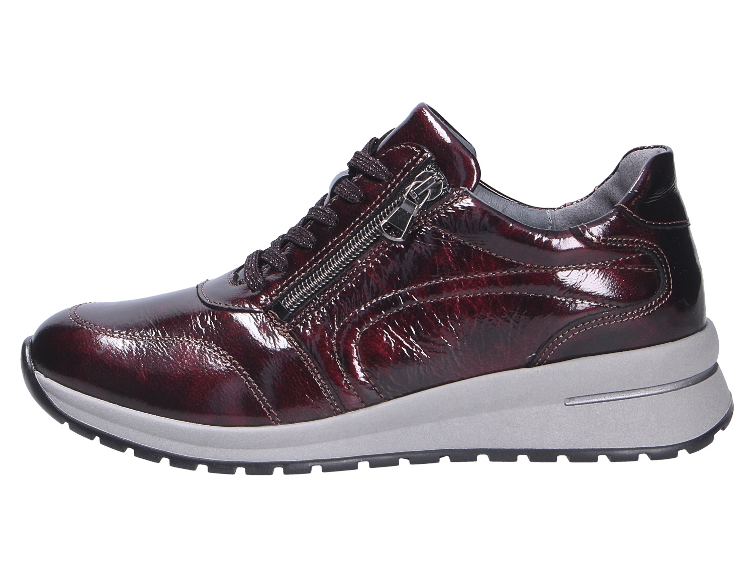 Waldläufer H-Inessa Damen-Sneaker in Bordeaux aus glänzendem Lackleder mit Schnürung, seitlichem Reißverschluss und sportlicher Keilsohle