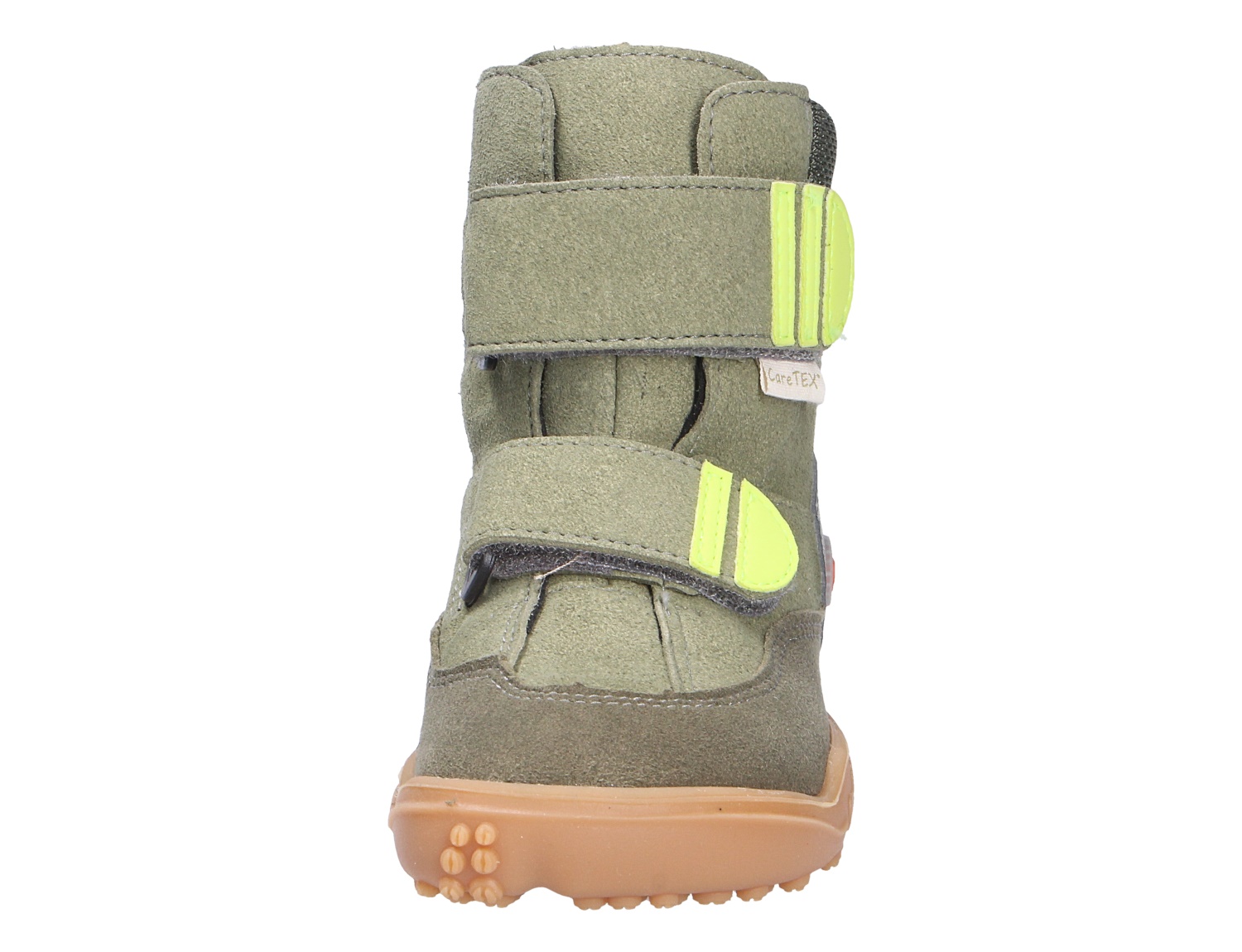 Ricosta Jungen Stiefel in Oliv, Vorderansicht mit zwei Klettverschlüssen und robuster Sohle