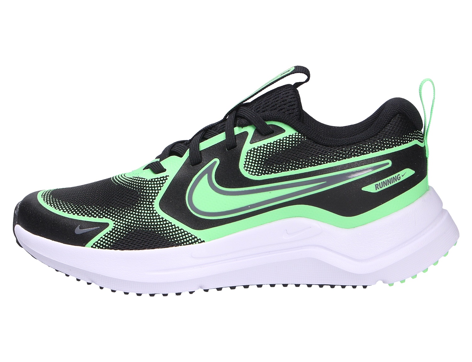 Seitenansicht des Nike Cosmic Runner für Kinder, sportlicher Halbschuh in Grün und Schwarz mit weißer Sohle für Alltag, Schule und Spiel