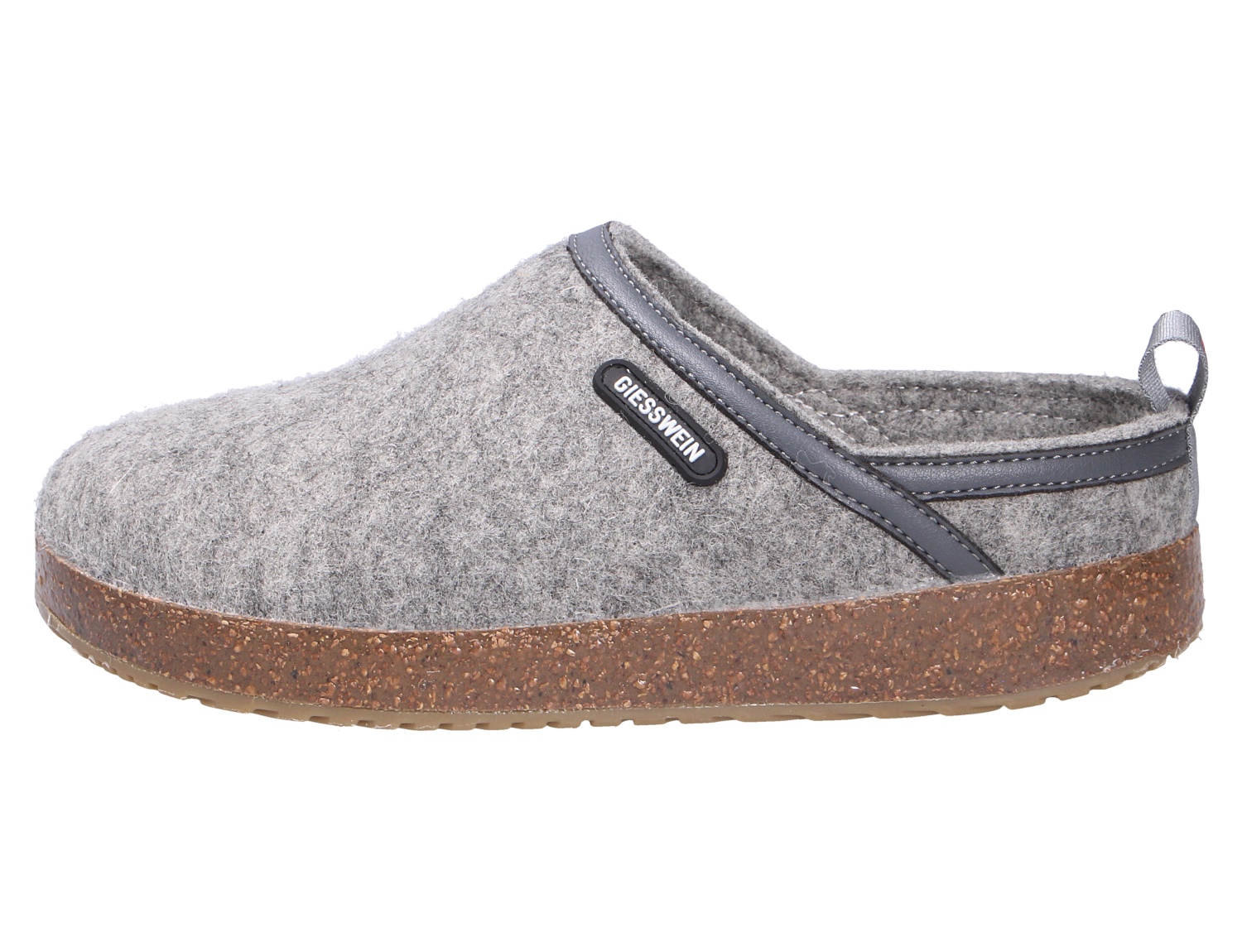Giesswein WOOL CLOG Hausschuh aus grauer Wolle mit ergonomischer Korksohle in Seitenansicht