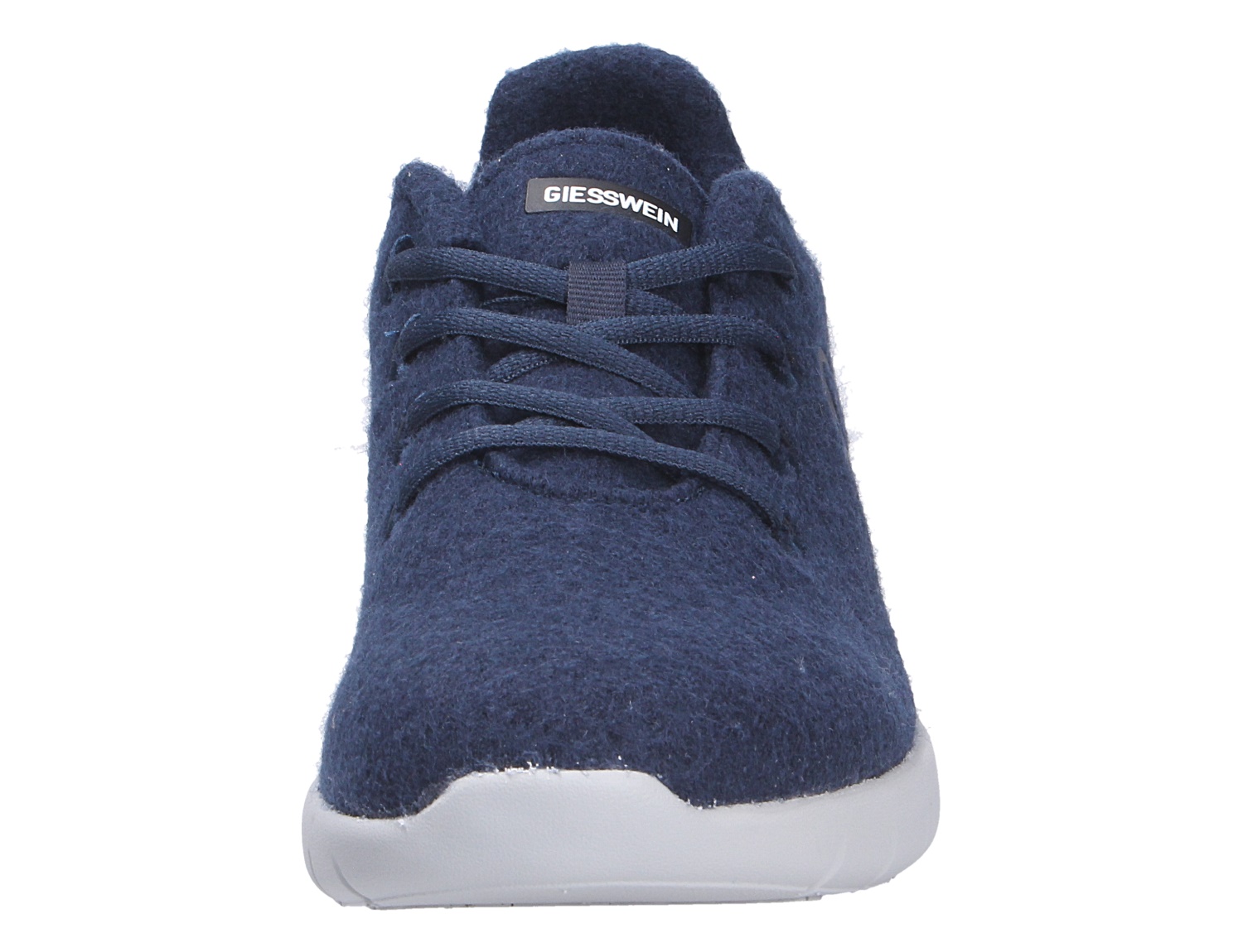Frontansicht des Giesswein MERINO RUNNERS MEN Herren-Sneakers aus Merinowolle in Dunkelblau mit Schnürung und heller Sohle