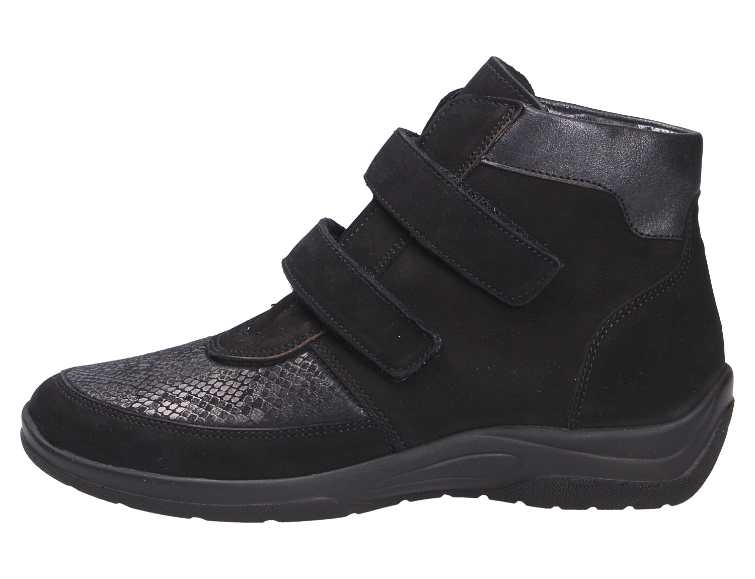 Waldläufer Damen Stiefel, schwarzer knöchelhoher Schuh mit doppeltem Klettverschluss und strukturierter Vorderkappe in Seitenansicht