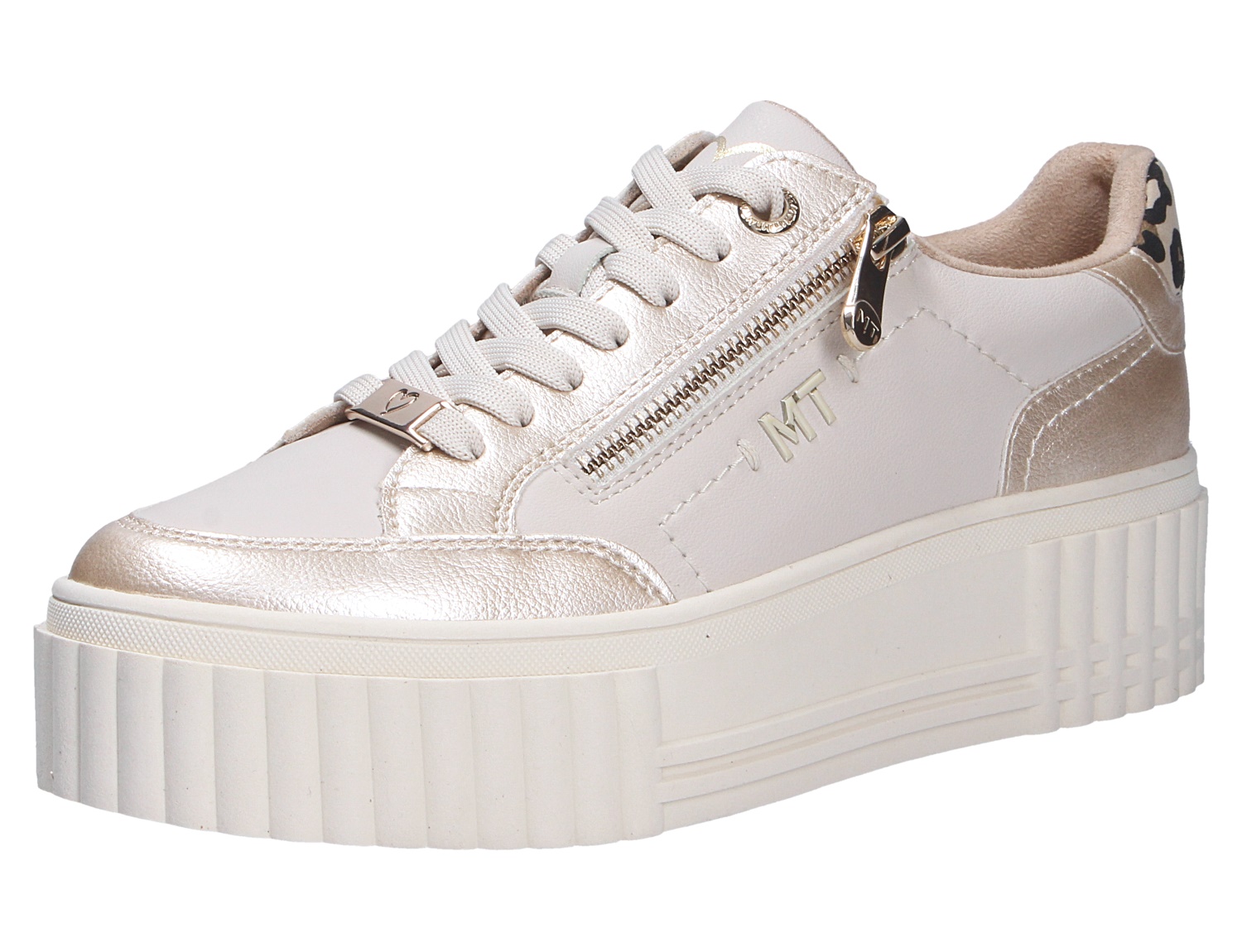 Marco Tozzi Damen Sneaker, weißer Plateau-Sneaker mit Metallic-Details, seitlichem Reißverschluss und Schnürung