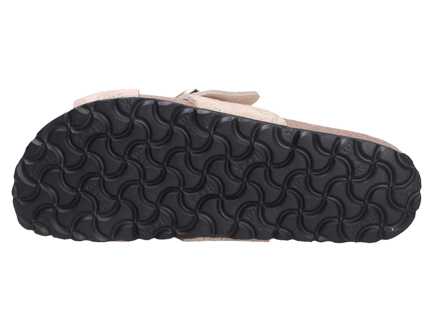 Detailansicht der schwarzen Profilsohle der Birkenstock Siena Sandale von unten
