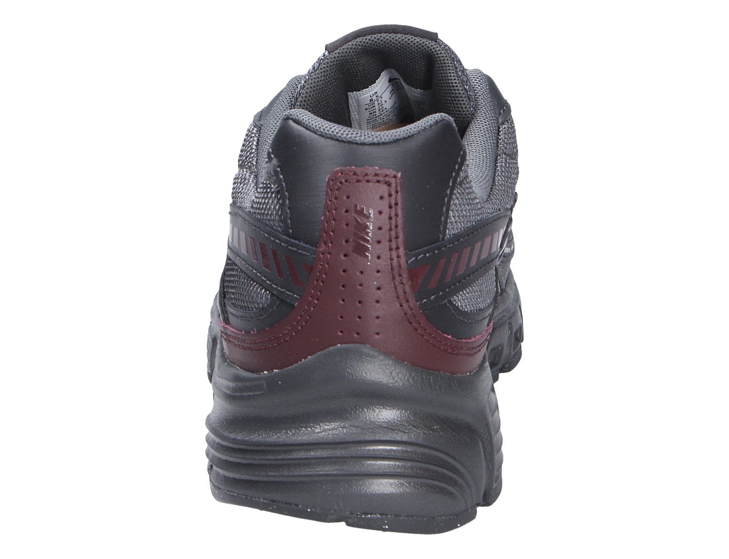 Rückansicht des Nike Initiator Sneakers in Grau, Schwarz und Bordeaux mit gepolstertem Schaft und robuster Sohle