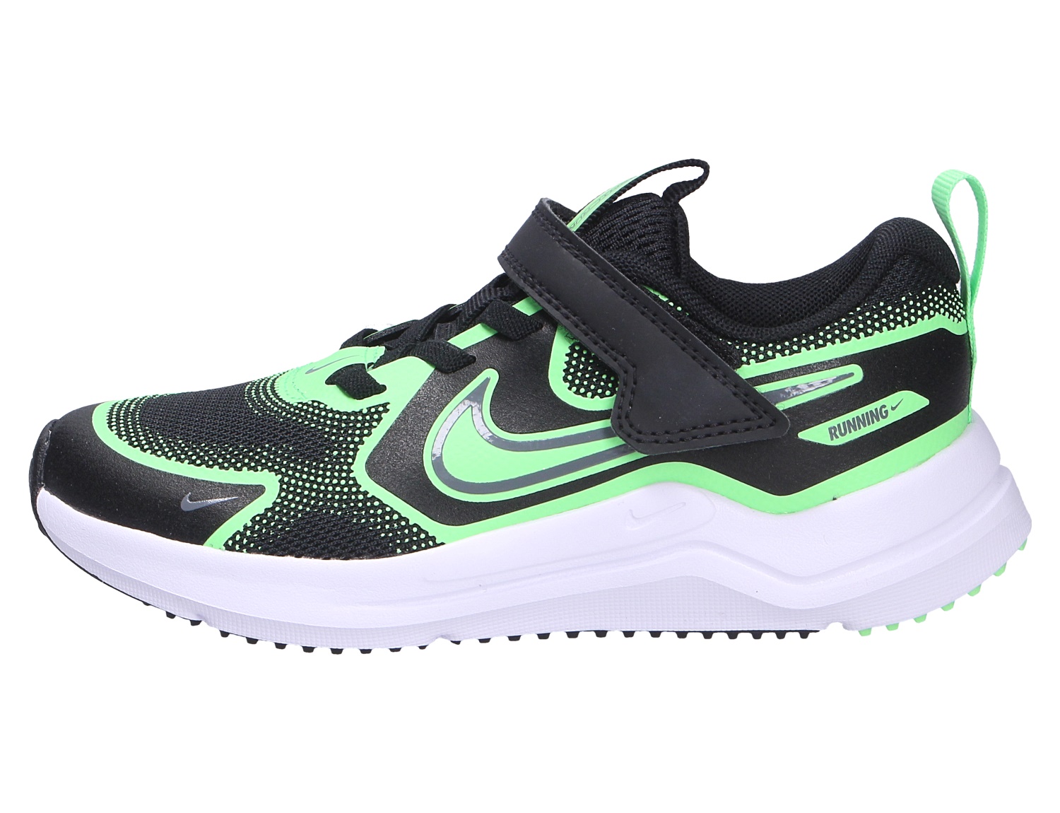 Seitenansicht des Nike Cosmic Runner für Kinder, schwarzer und grüner Schlupfschuh mit Klettverschluss, leichtem Obermaterial und weißer Laufsohle