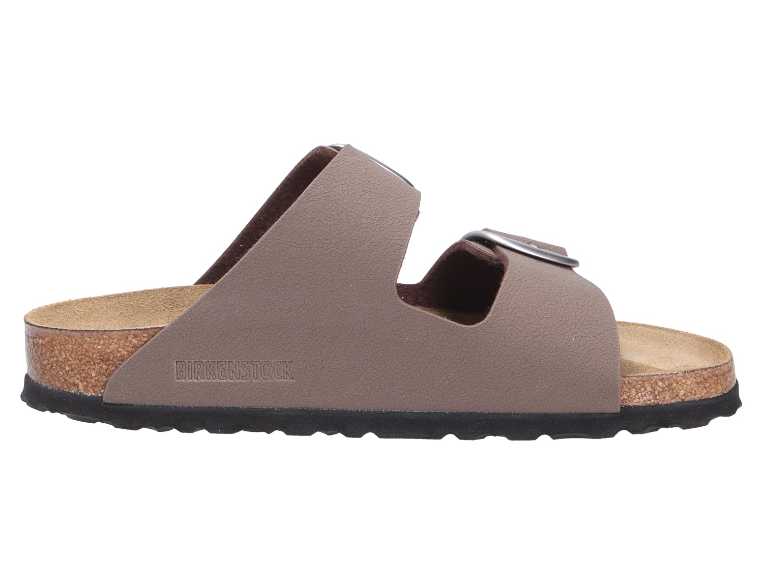 Birkenstock Arizona Big Buckle Pantolette in Taupe, Seitenansicht mit breiten Riemen, großer Metallschließe, Kork-Latex-Fußbett und schwarzer Laufsohle