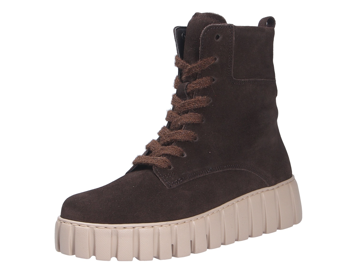 Gabor Damen Stiefel in Braun aus Veloursleder, knöchelhoch mit Schnürung, Elastikeinsatz und heller, markanter Profilsohle