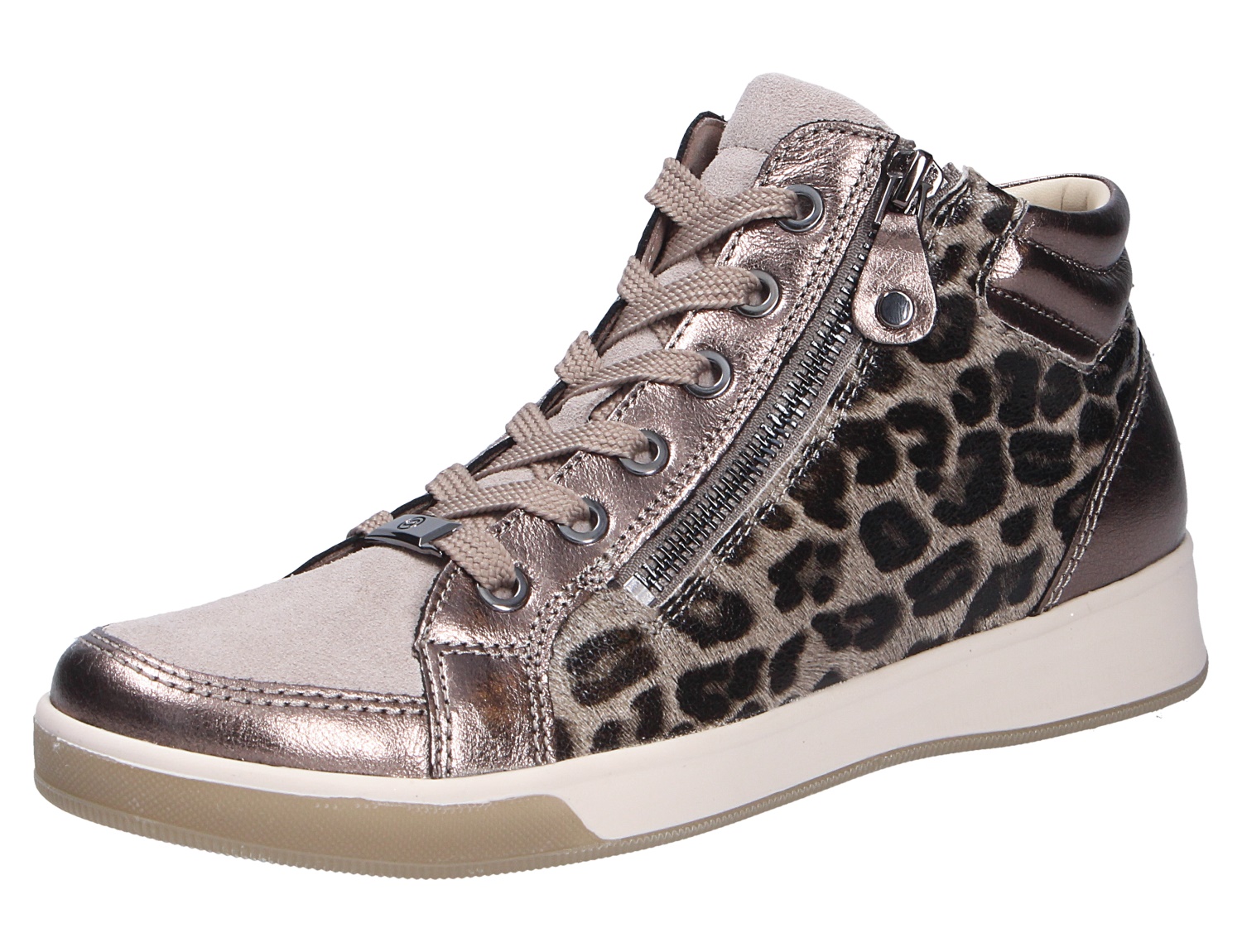 Ara ROM High-Top-Sneaker in Metallic-Rosé mit Leo-Muster, Schnürung und seitlichem Reißverschluss