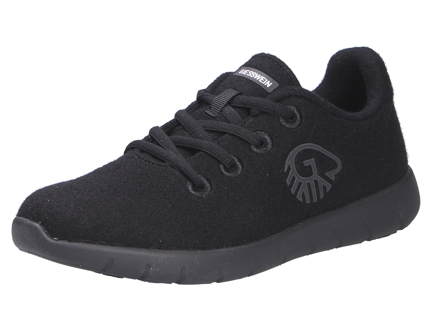 Giesswein MERINO RUNNERS WOMEN Damen-Sneaker in Schwarz aus Merinowolle, seitliche Ansicht mit Schnürung und flexibler Sohle