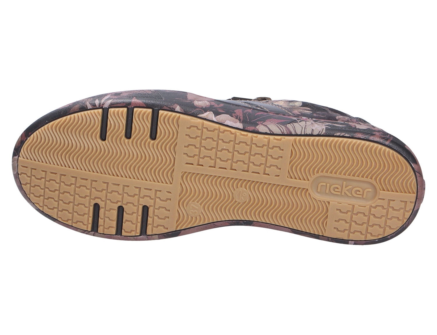Unteransicht der Rieker Damen Schnürschuhe mit profilierter, rutschhemmender Laufsohle und floral gemustertem Schuhrand