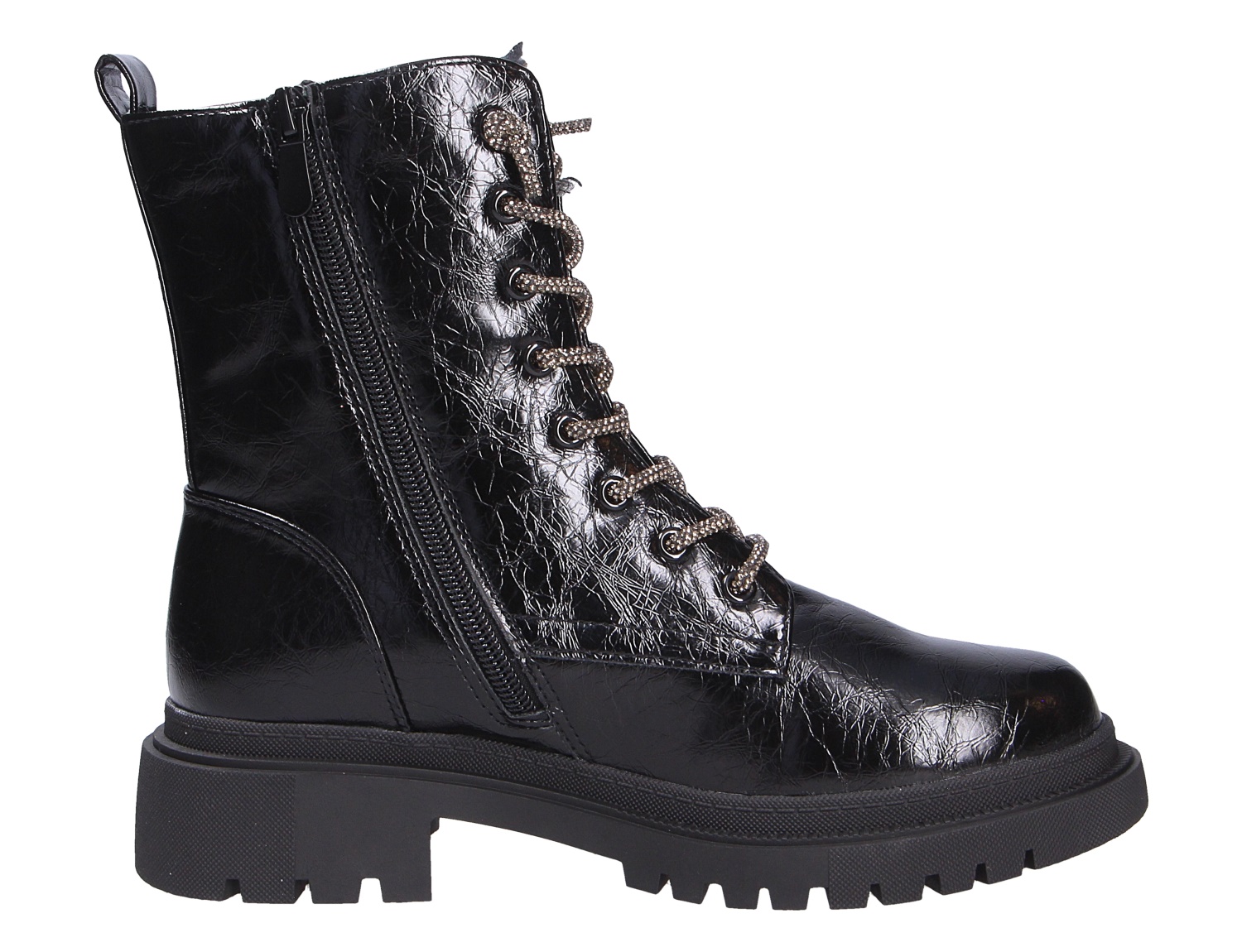 La Strada Damen Stiefel in Schwarz, glänzende Lackoptik mit Schnürung, seitlichem Reißverschluss und markanter Profilsohle