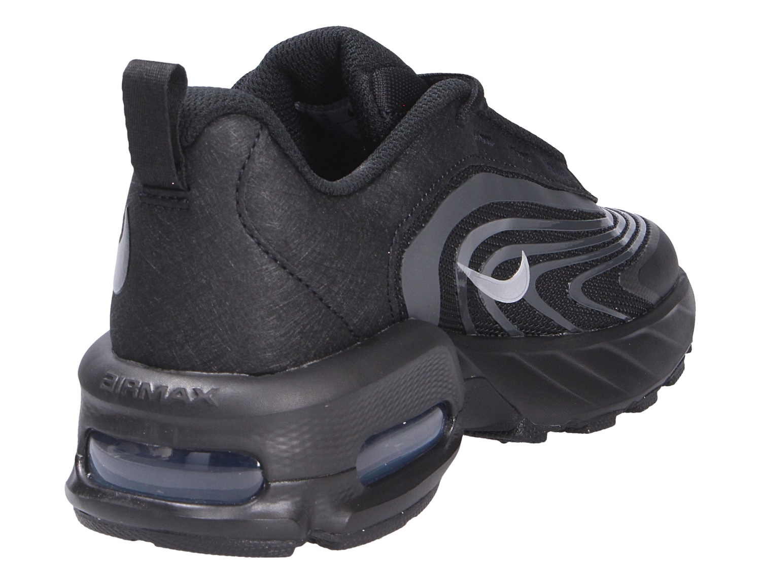 Nike Air Max Fire schwarzer Sneaker in Rück- und Seitenansicht mit Nike Swoosh, strukturierter Oberfläche und sichtbarer Air-Max-Dämpfung
