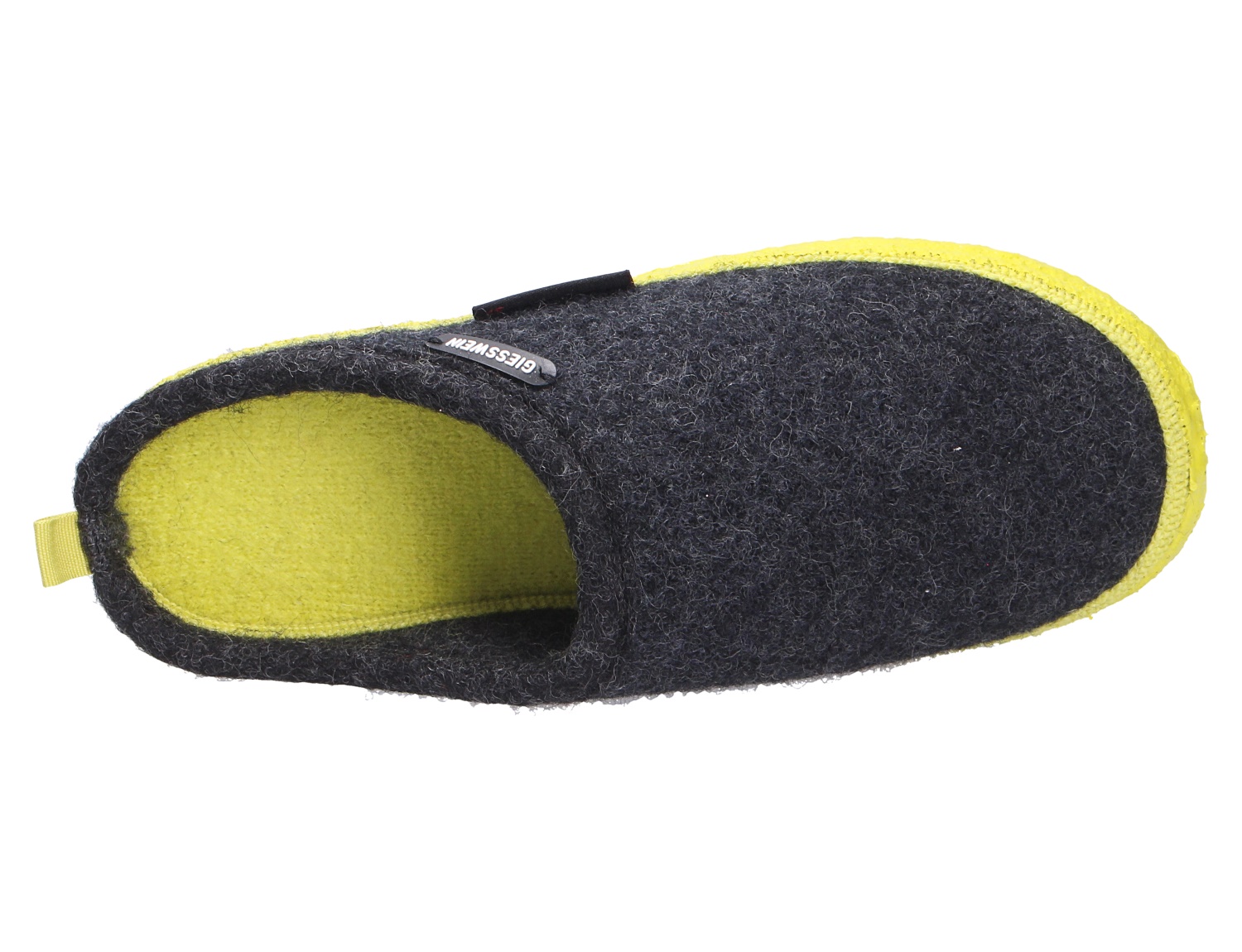 Giesswein WOOLPOPS Woll-Hausschuh in Anthrazit mit leuchtend gelber Innensohle und Sohle, Draufsicht