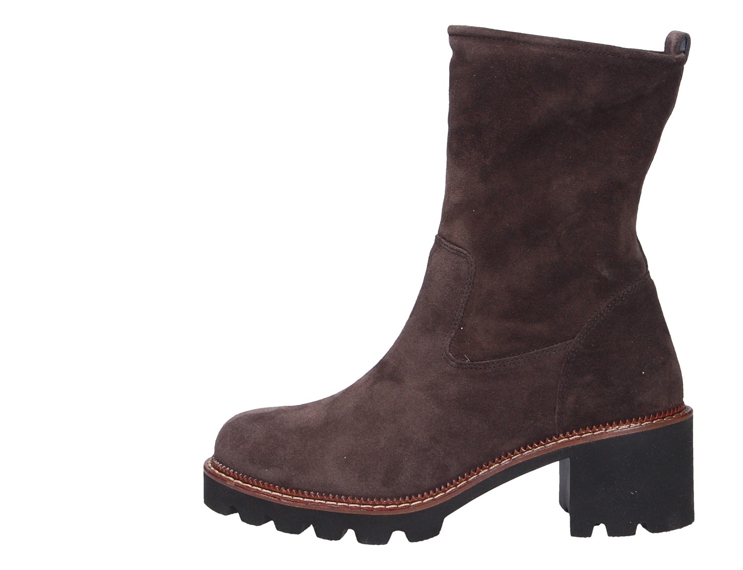 Paul Green Damen Stiefel in Dunkelbraun aus Veloursleder, knöchelhoch mit Blockabsatz und markanter Profilsohle