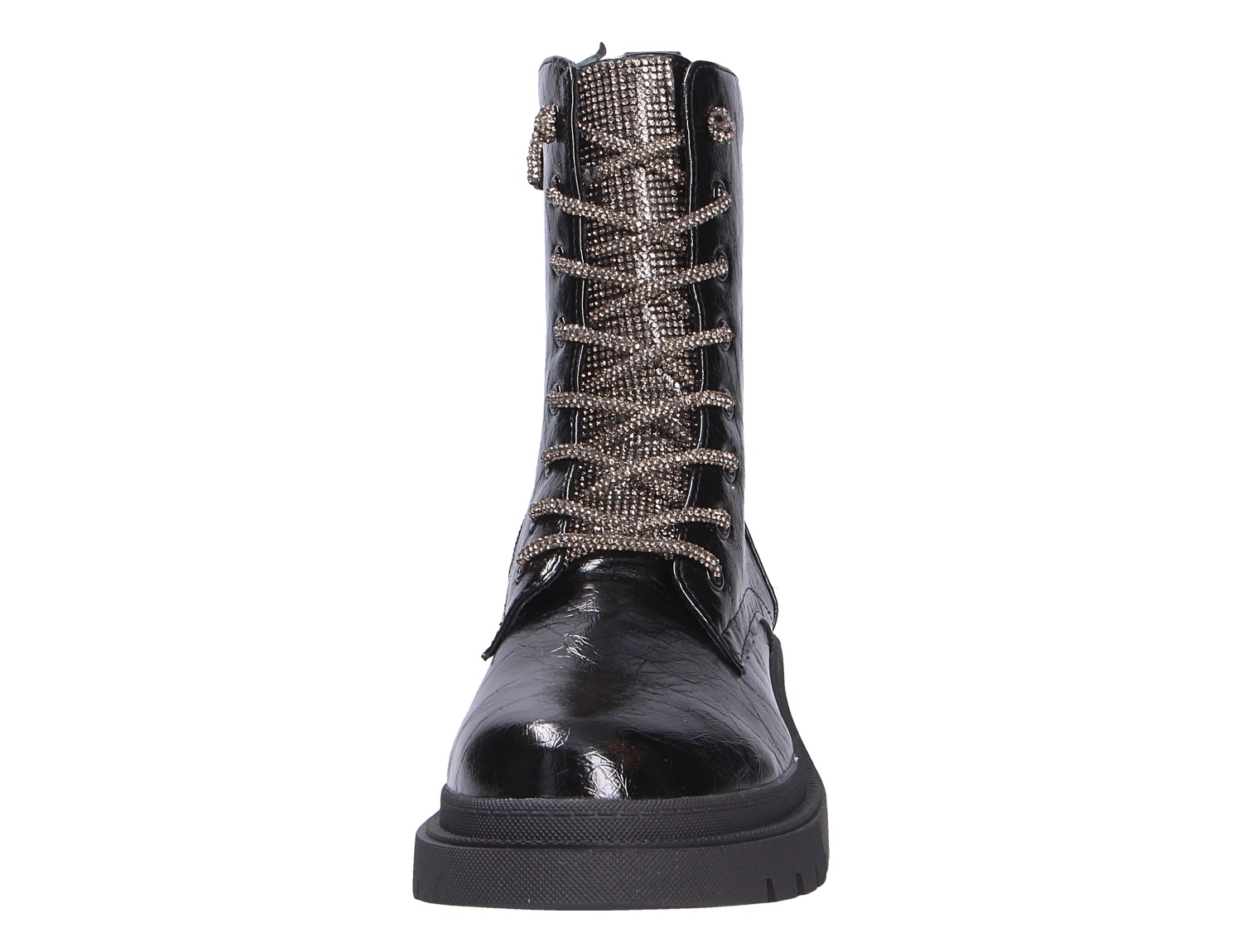 Frontansicht der La Strada Damen Stiefel in Schwarz mit glänzender Oberfläche, robuster Sohle, Schnürung und funkelnden Strassdetails