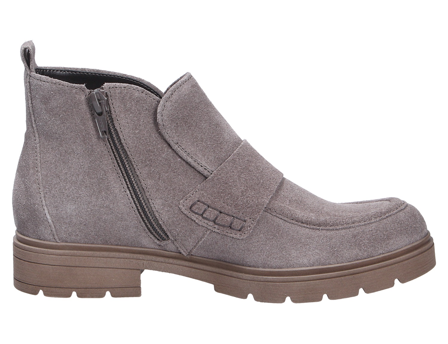 Gabor Damen Stiefel in Grau aus Veloursleder, knöchelhoch mit seitlichem Reißverschluss, Lasche und robuster Profilsohle
