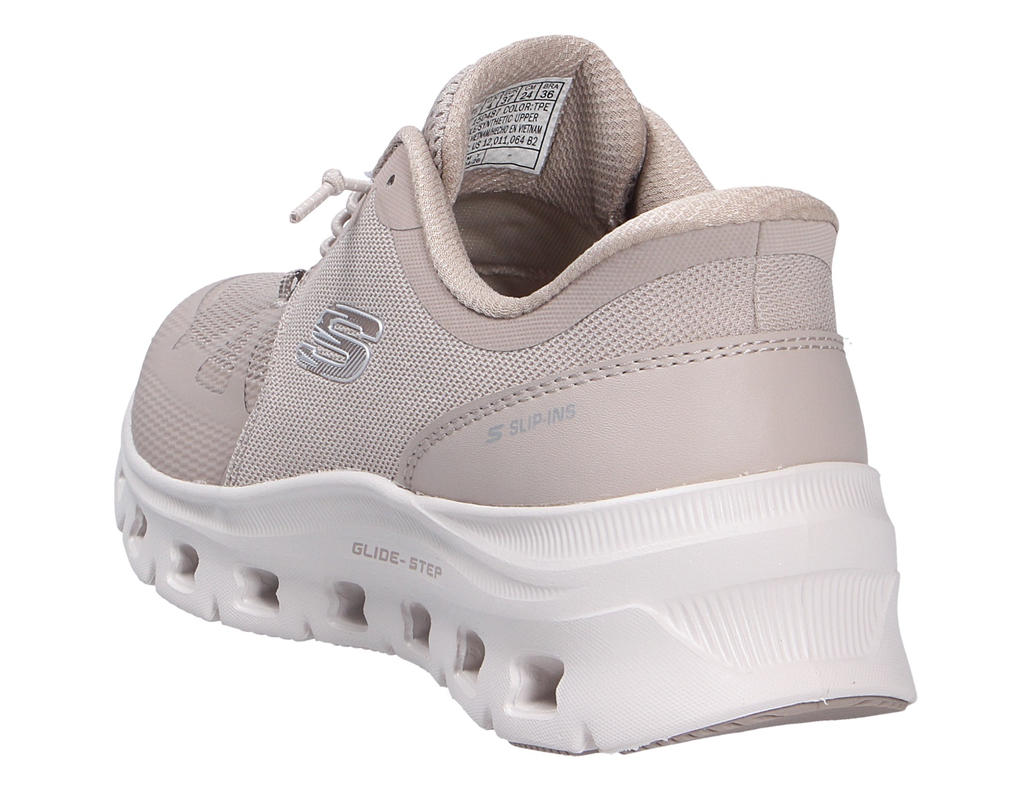 Skechers Glide Step Pro Sneaker in Beige mit atmungsaktivem Mesh-Obermaterial und markanter Glide-Step-Sohle, seitliche Rückansicht