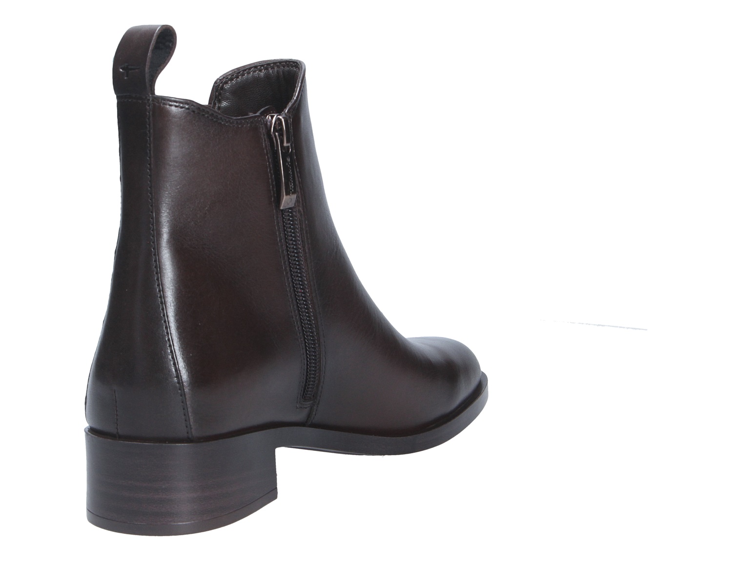 Tamaris Damen Stiefel aus schwarzem Leder, seitliche Rückansicht mit Reißverschluss, Zuglasche und niedrigem Blockabsatz