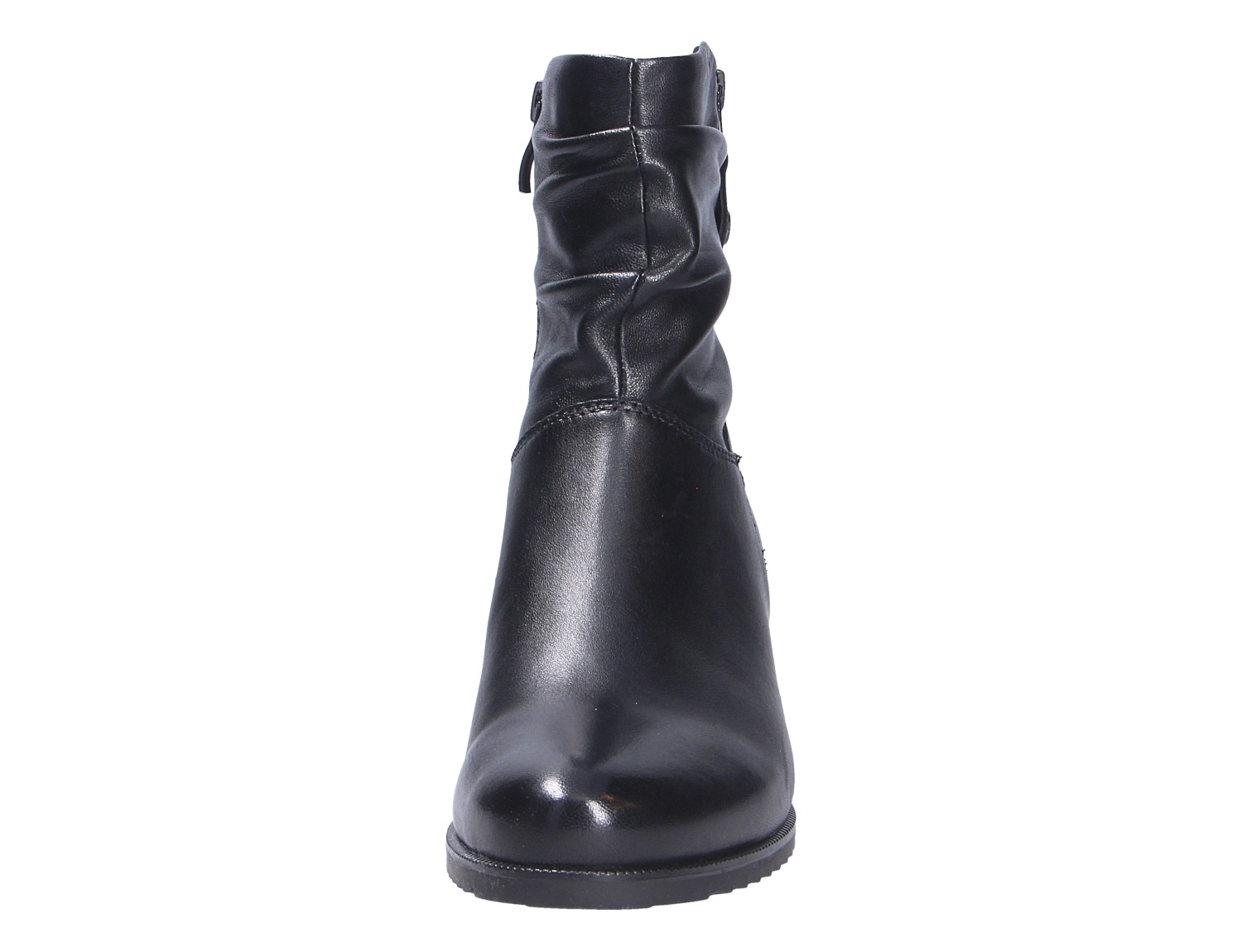 Caprice Damen Stiefel in Schwarz, elegante Frontansicht mit leicht gerafftem Schaft und glatter Schuhspitze