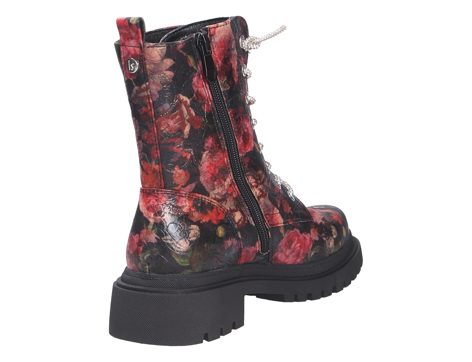 La Strada Damen Stiefel in Schwarz-Rot mit floralem Muster, seitlichem Reißverschluss, Schnürung und robuster Profilsohle