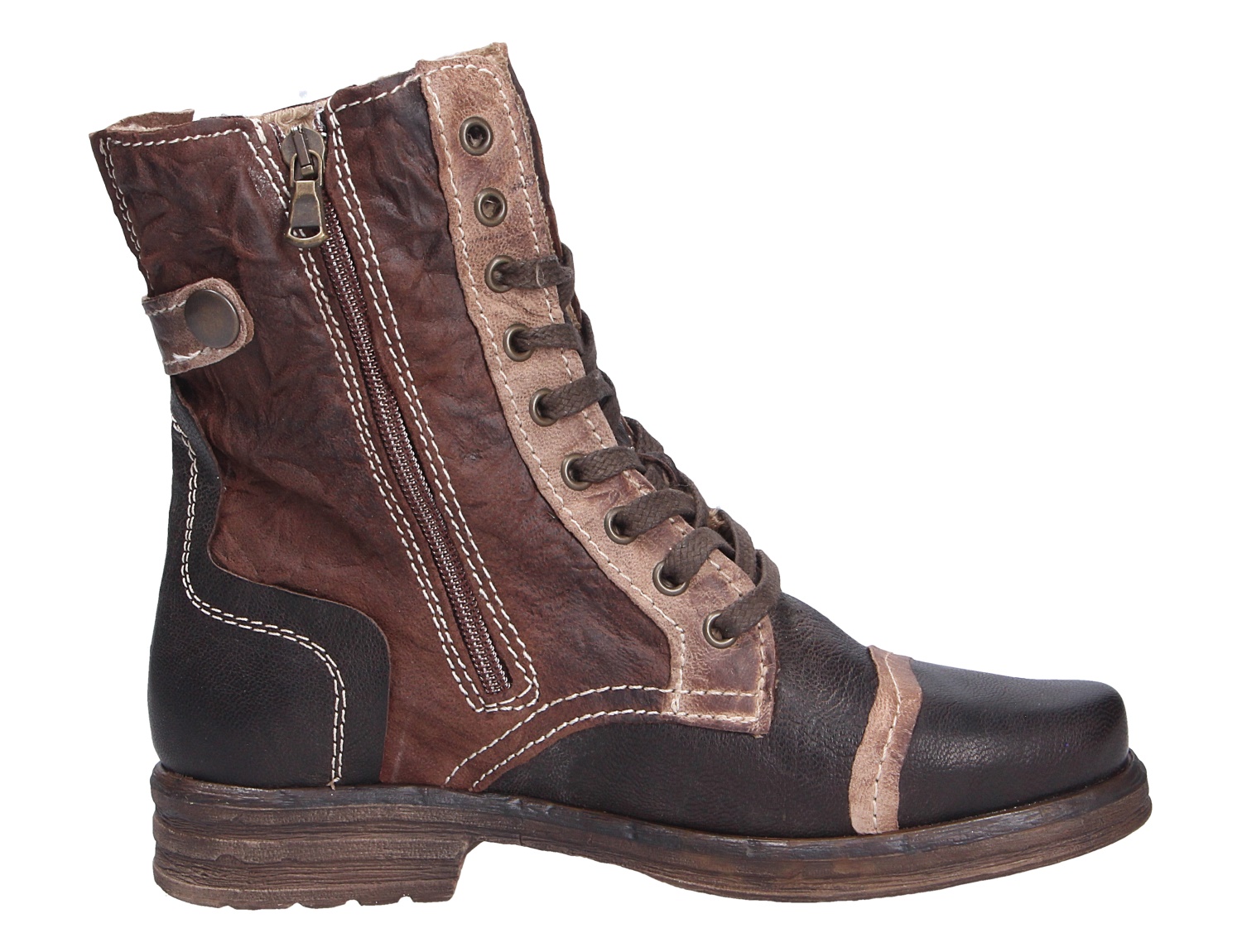 Charme Etnic 26 Damen-Stiefelette aus Leder in Braun und Schwarz, seitliche Ansicht mit Schnürung, Reißverschluss und markanten Ziernähten