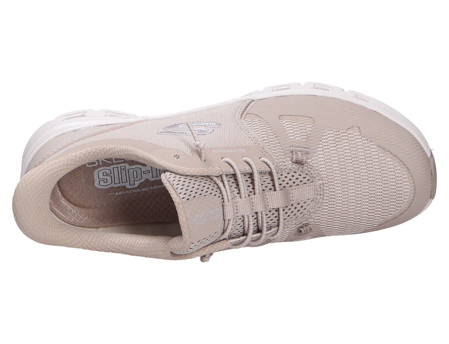 Draufsicht auf den beigen Skechers Glide Step Pro Slip-Ins Sneaker mit atmungsaktivem Mesh-Obermaterial und elastischer Schnürung