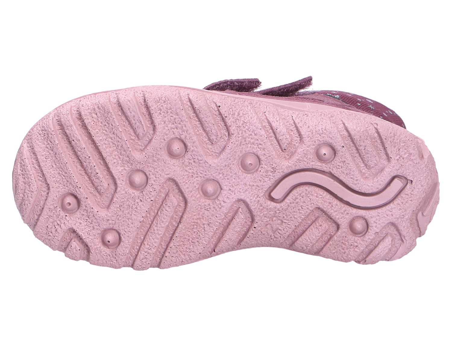 Unteransicht der rosafarbenen, profilierten Schuhsohle des Superfit HUSKY1 mit griffigem Laufsohlenmuster