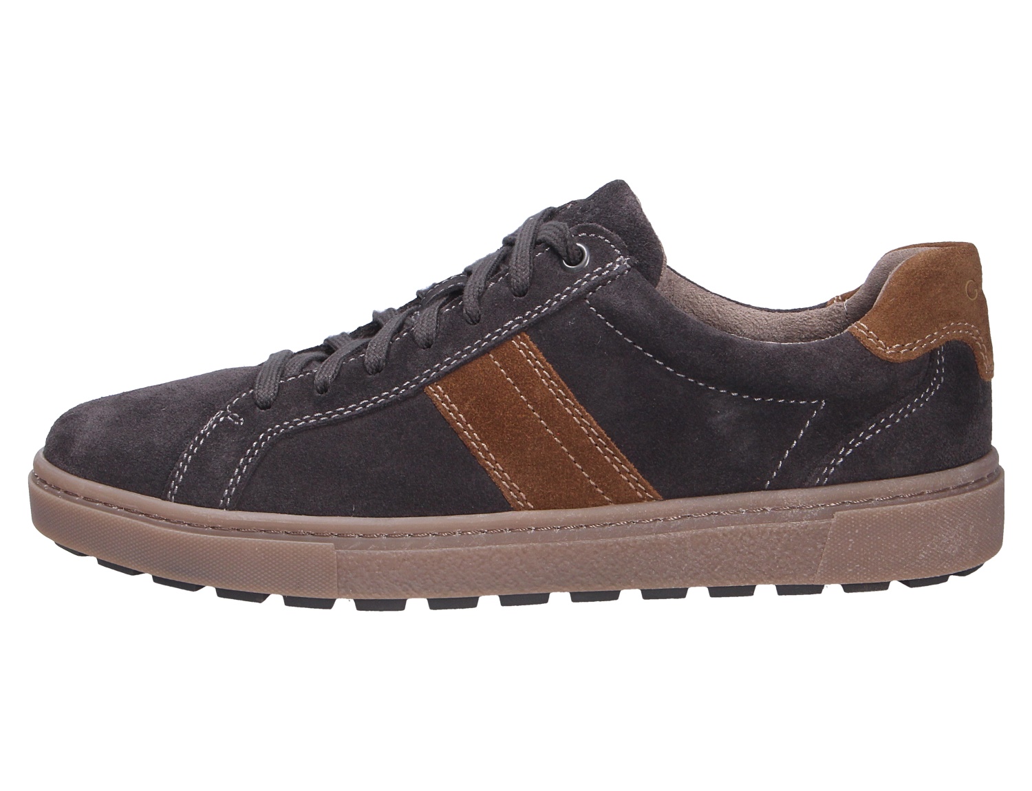 Pius Gabor Herren Sneaker aus Veloursleder in Dunkelgrau mit braunen Streifen, Schnürung und robuster Sohle in Seitenansicht