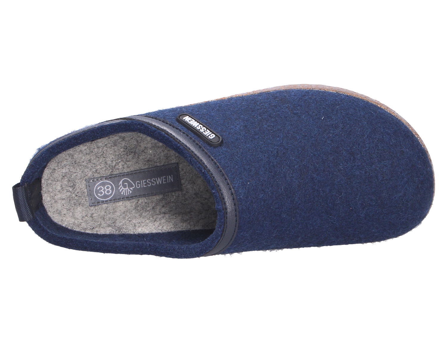 Giesswein WOOL CLOG, dunkelblauer Hausschuh aus Wolle mit offenem Einstieg und hellgrauem Innenfutter, Draufsicht