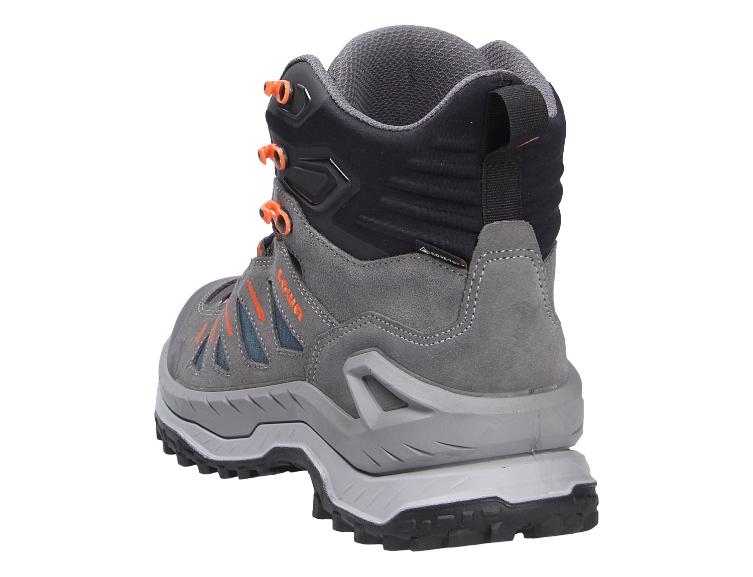 Rückansicht des Lowa INNOVO GTX MID Herren-Trekkingstiefels in Grau mit orangefarbenen Details, aus Veloursleder mit wasserdichter GORE-TEX-Membran und griffiger Sohle für Trekkingtouren
