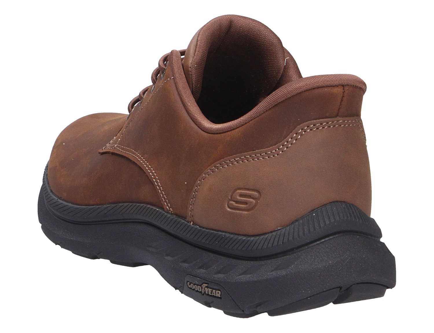 Skechers Pollard brauner Herren-Halbschuh aus Leder mit robuster schwarzer Goodyear-Sohle, Rück- und Seitenansicht