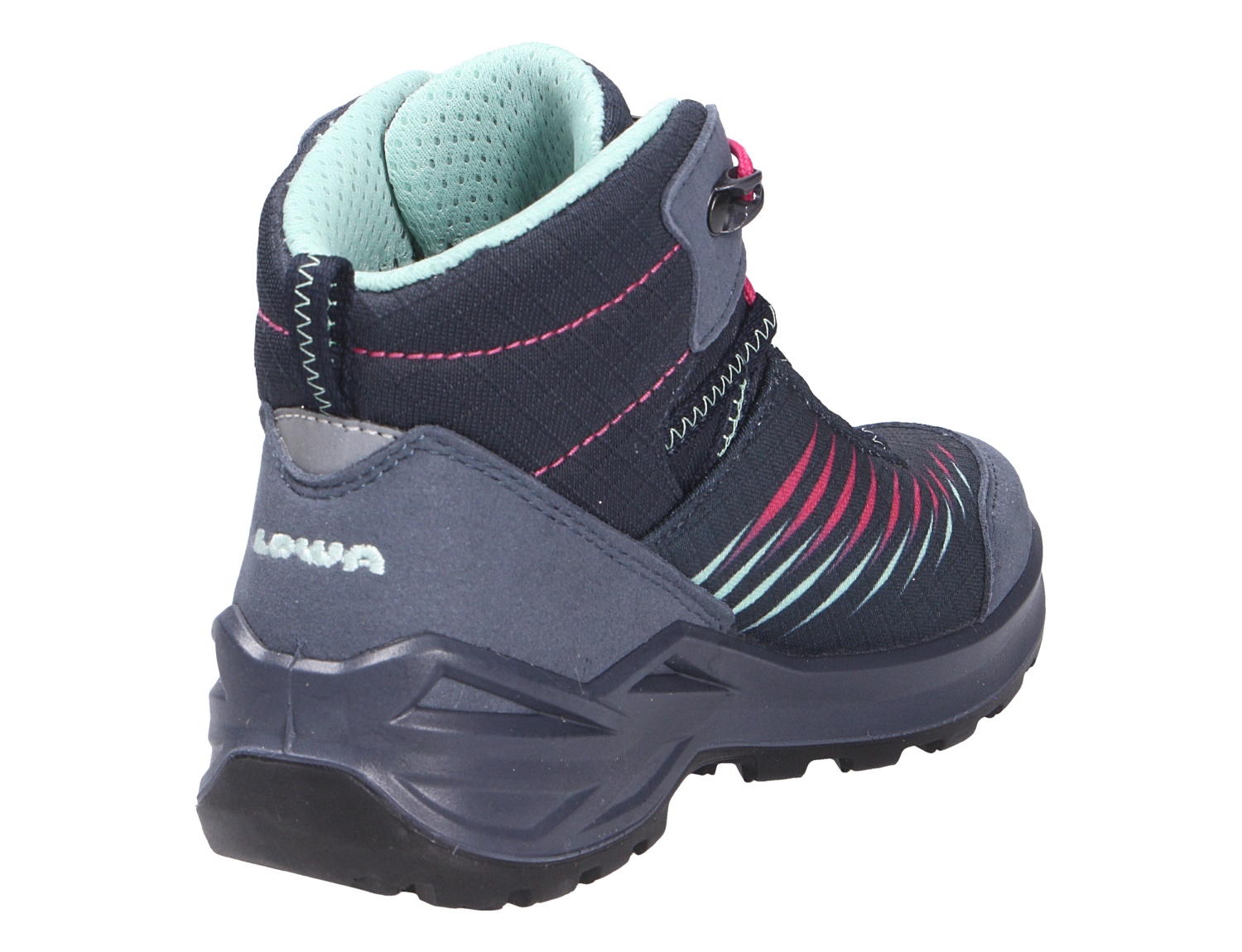 Rückansicht des Lowa ZIRROX II GTX MID JR, robuster wasserdichter Kinder-Mid-Wanderschuh in Navy mit pinken und mintfarbenen Akzenten und griffiger Sohle