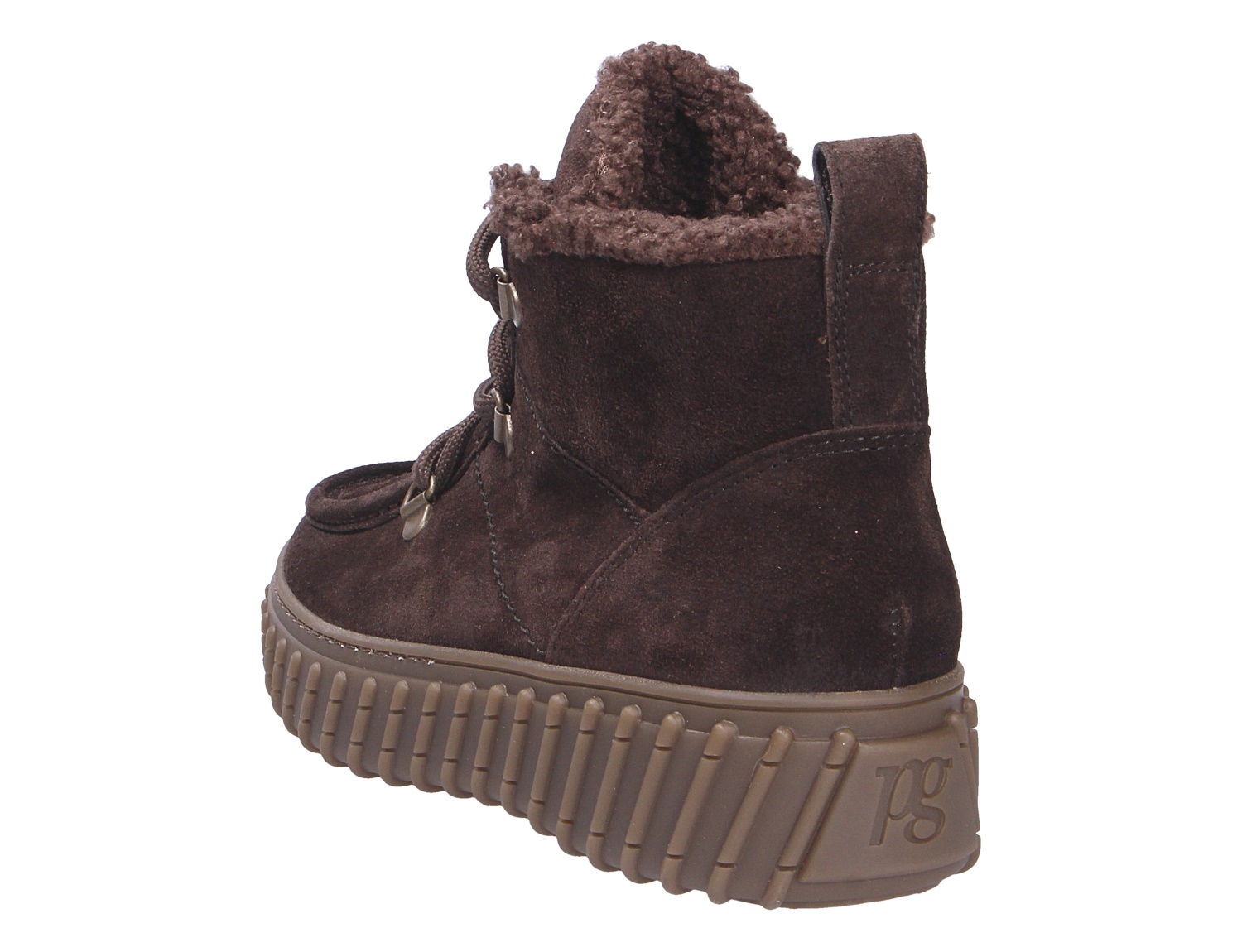 Paul Green Damen Stiefel in Braun aus Veloursleder, gefüttert mit weichem Warmfutter, Schnürung und markanter Profilsohle, Rückansicht