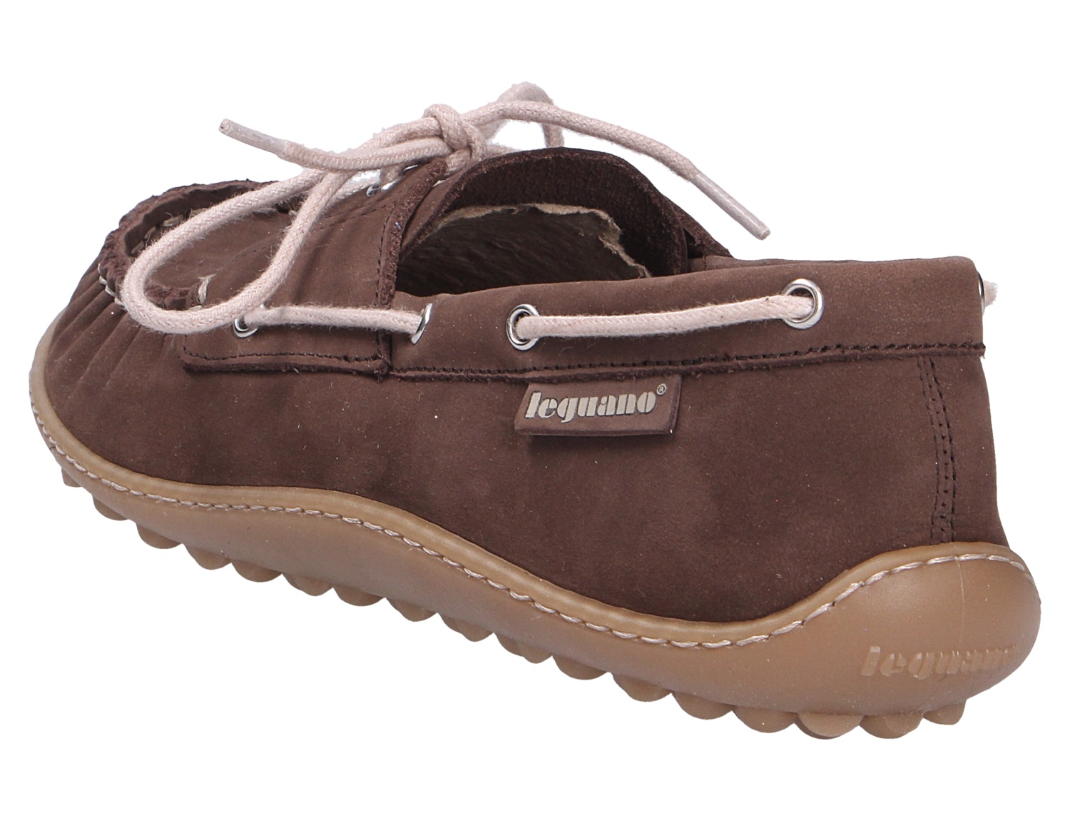 Leguano Moreccasin Mokassin-Barfußschuh in Braun, Seitenansicht mit Schnürung und flexibler Sohle