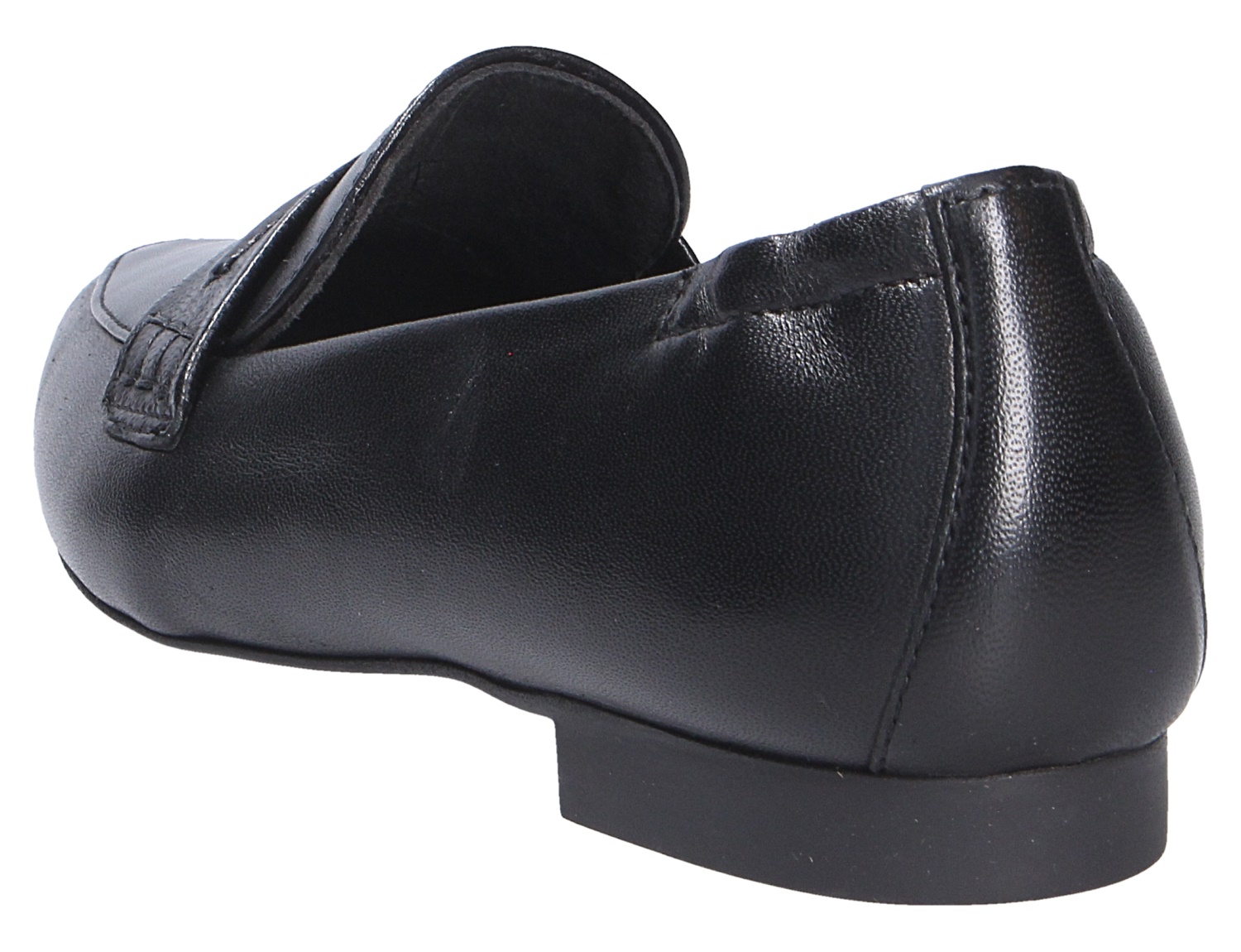 Paul Green Damen Slipper aus schwarzem Leder in seitlicher Rückansicht mit flachem Absatz