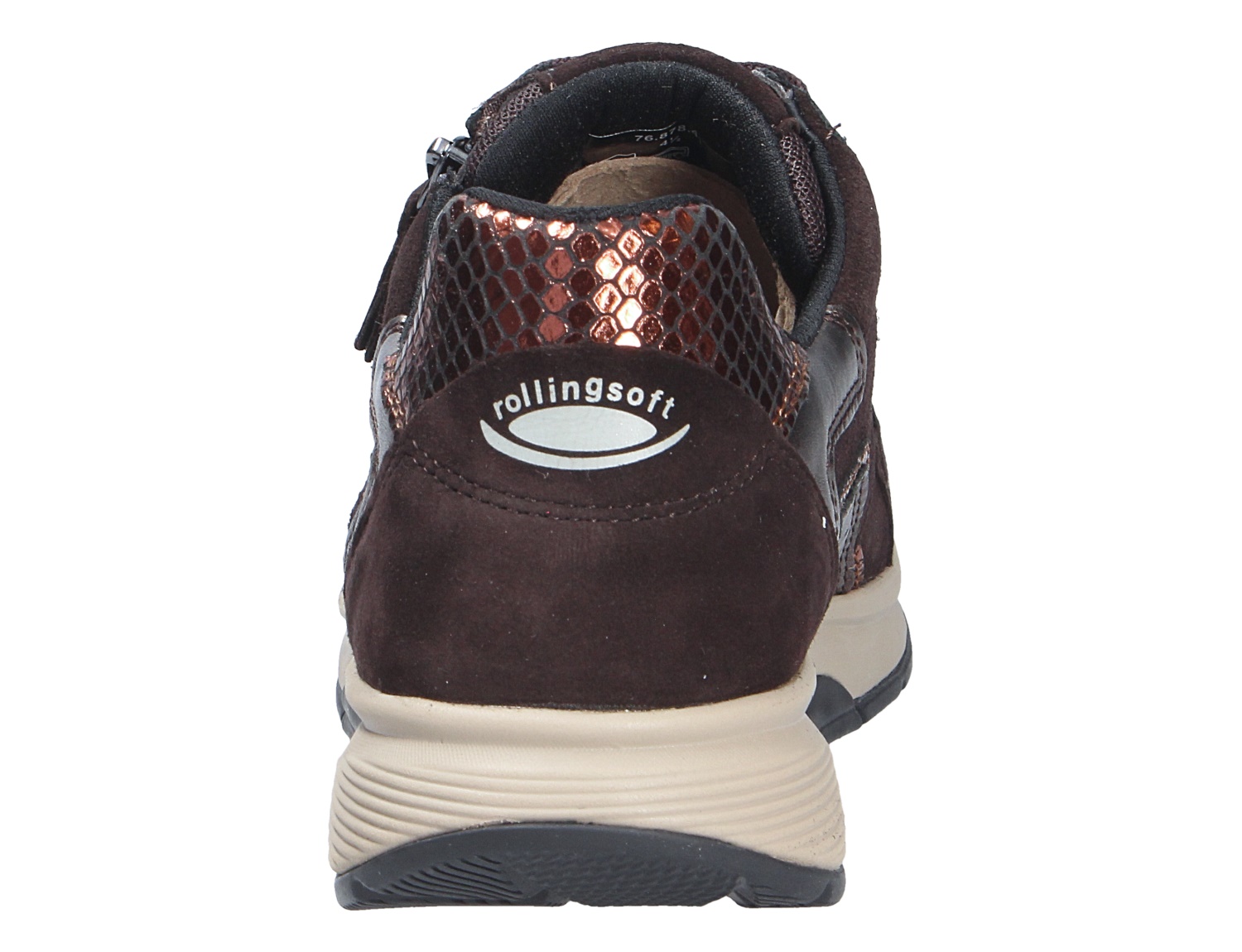 Rückansicht des Gabor Rolling Soft Sneakers in Dunkelbraun mit Reptil-Prägung und heller Sohle