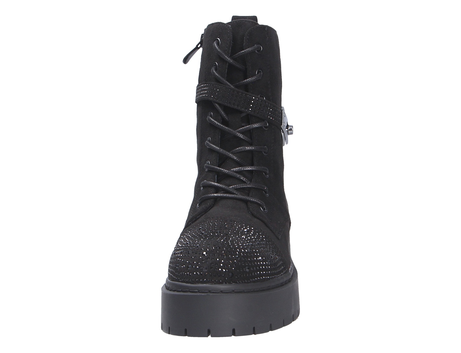 Frontansicht der schwarzen La Strada Damen Stiefel mit Schnürung, glitzernden Ziersteinen, dekorativem Riemen und robuster Profilsohle