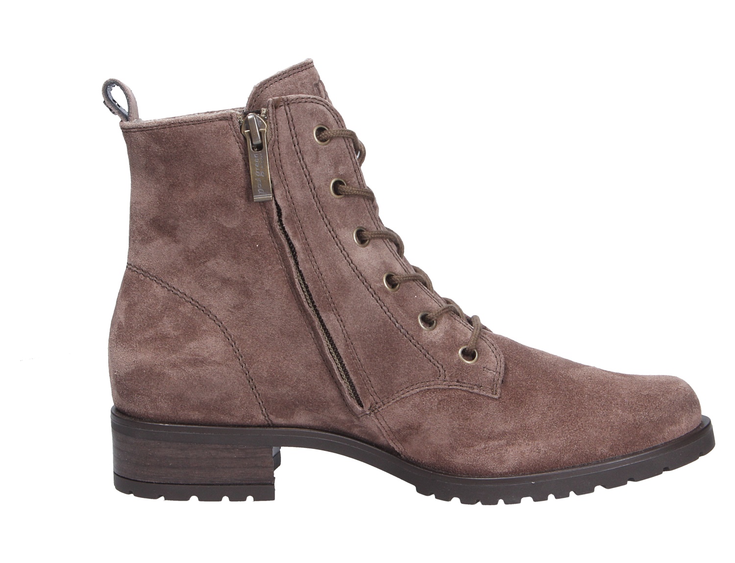 Paul Green Damen Stiefel aus braunem Veloursleder, knöchelhoch mit Schnürung, seitlichem Reißverschluss und profilierter Sohle