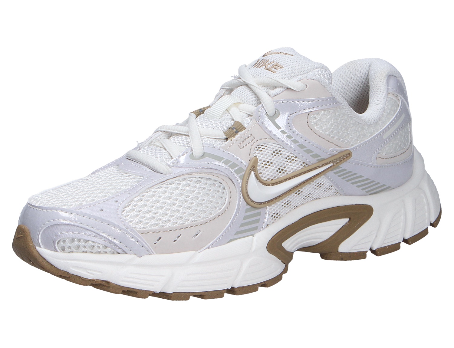 Nike V5 RNR Sneaker in Weiß, seitliche Ansicht mit atmungsaktivem Mesh-Obermaterial, markantem Swoosh und goldfarbenen Akzenten