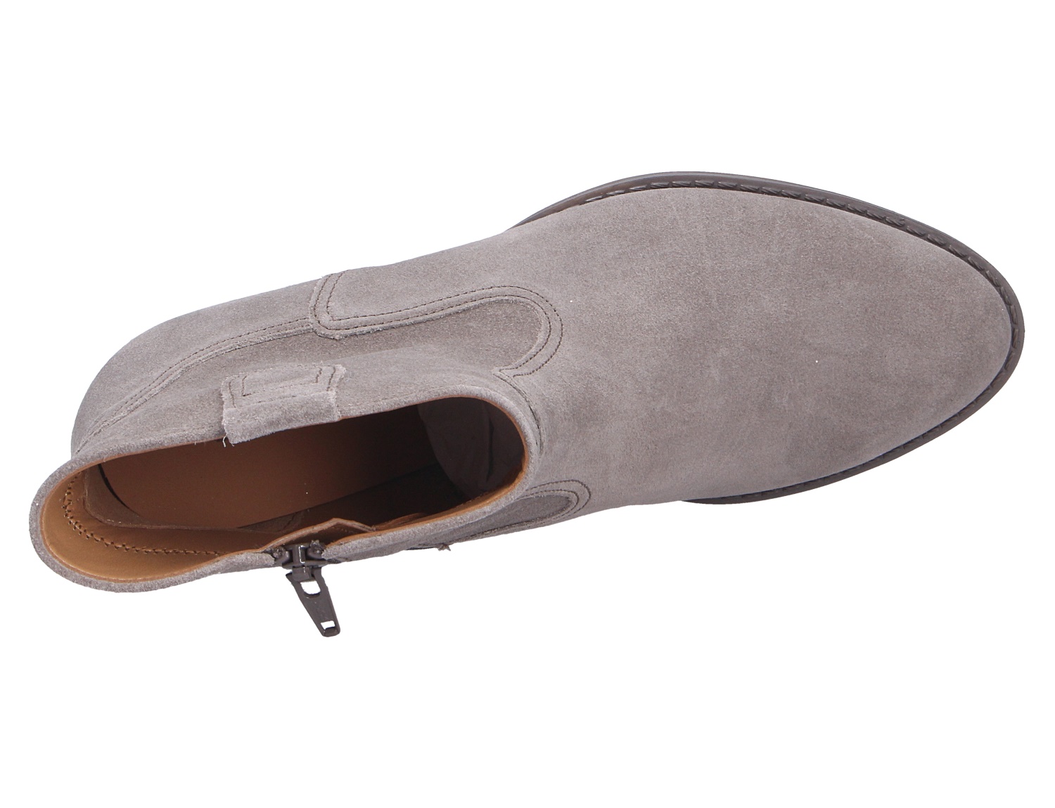 Gabor Damen Stiefel in Taupe aus Veloursleder, Ansicht von oben mit seitlichem Reißverschluss und runder Schuhspitze